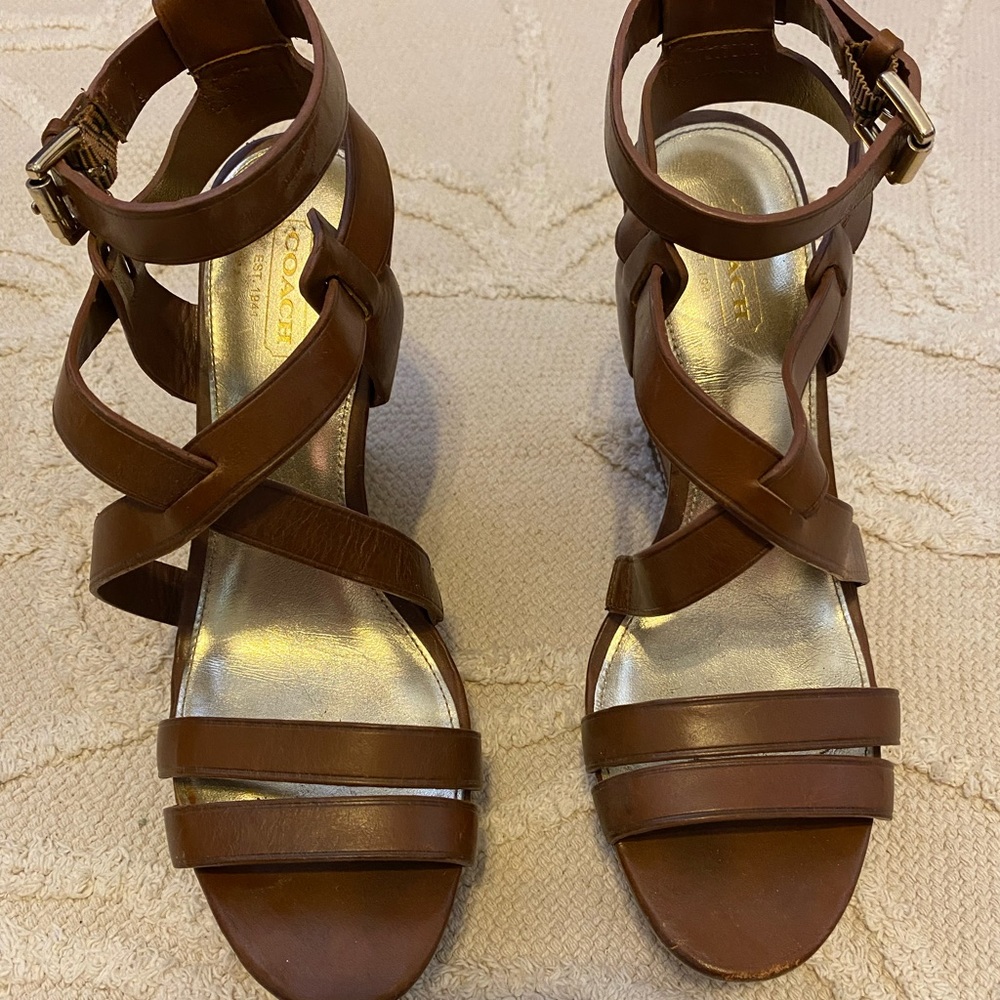 Coach cognac strappy wedge sandal, 7.